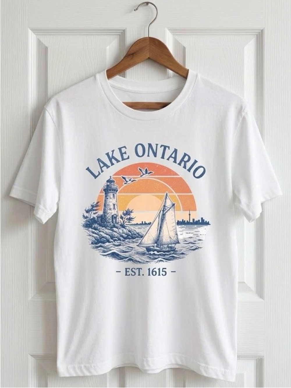 White Lake Ontario Nautical Graphic Tee with Blue and Orange Print